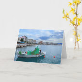 魚釣りボートインハーバーコリントギリシャ カード (黄色い花)