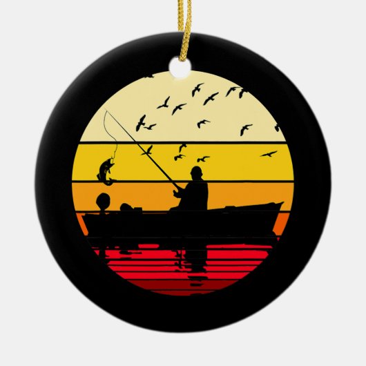 魚釣りボートレトロクールバスフライ釣り人 セラミックオーナメント (正面)