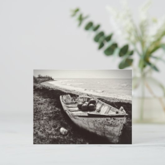 魚釣りボート白黒 ポストカード (スタンド正面)