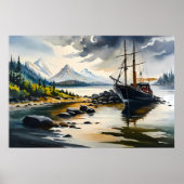 魚釣りボート絵を描の川の岩と森の中 ポスター (正面)