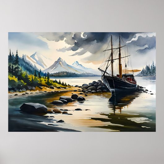 魚釣りボート絵を描の川の岩と森の中 ポスター (正面)