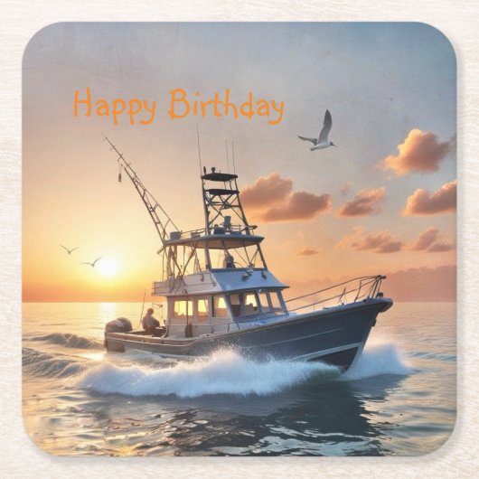魚釣りボート誕生日 スクエアペーパーコースター (正面)