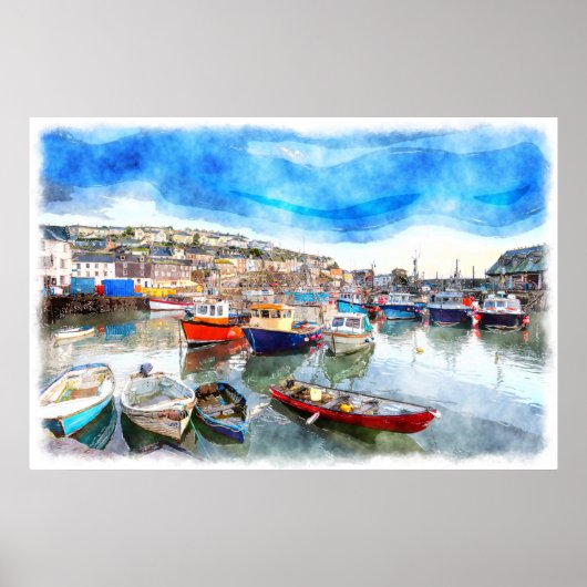 魚釣りボート – Mevagissey Harbor,コーンウォール,イギリス ポスター (正面)
