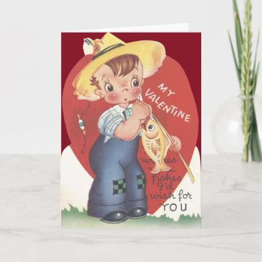 魚釣りポーランド人の魚の田舎育ちの少年のバレンタイン シーズンカード (正面)