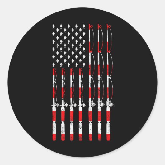 魚釣りポールアメリカ合衆国国旗の愛国的魚釣り ラウンドシール (正面)