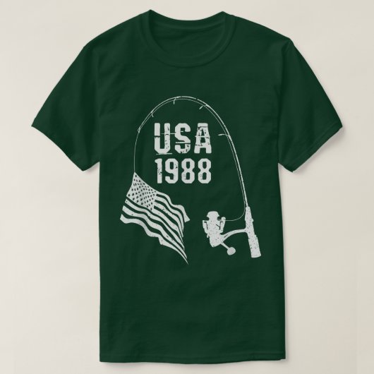 魚釣りポールアメリカ国旗1988誕生日 Tシャツ (デザイン正面)