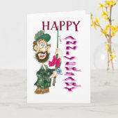 魚釣りポールハッピーアニバーサリー付き男性 カード (黄色い花)