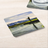 魚釣りマウンテンレイクフィッシャーマン スクエアペーパーコースター (アングル)