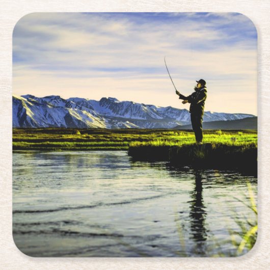魚釣りマウンテンレイクフィッシャーマン スクエアペーパーコースター (正面)