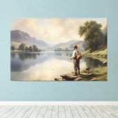 魚釣りマンアットレイク素朴な自然ビューヴィンテージsty キャンバスプリント (インサイチュ (ウッドフロア))