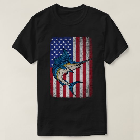 魚釣りマーリンメカジフィッシュUSAアメリカ国旗 Tシャツ (デザイン正面)