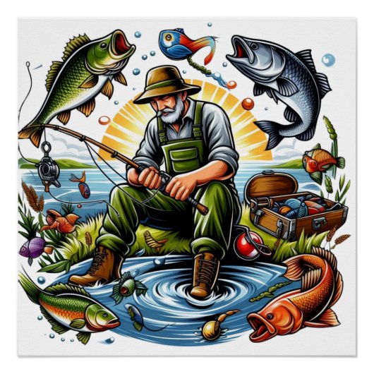 魚釣りライフイラストレーション ポスター (正面)