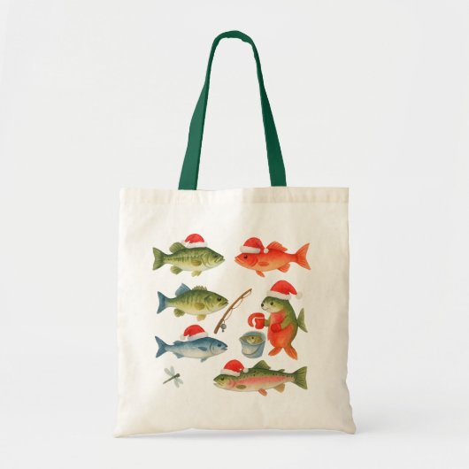 魚釣りラバークリスマステーマとサンタハット トートバッグ (正面)