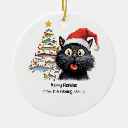 魚釣りラバーズクリスマスサンタクロース猫好き セラミックオーナメント (正面)
