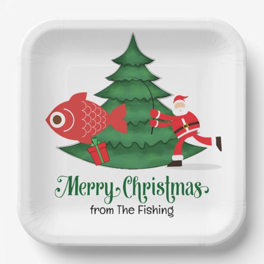 魚釣りラバーズクリスマスホリデーウィズサンタクロース ペーパープレート (正面)