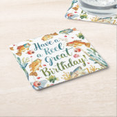 魚釣りラバーズ誕生日をテーマにした水彩 スクエアペーパーコースター (アングル)