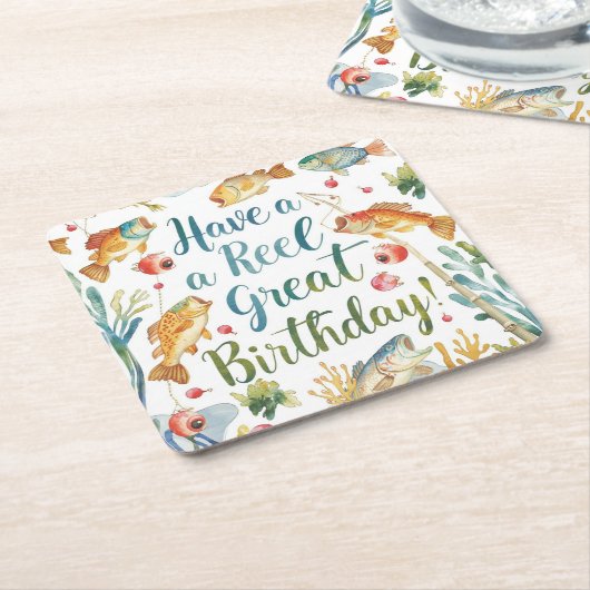 魚釣りラバーズ誕生日をテーマにした水彩 スクエアペーパーコースター (アングル)