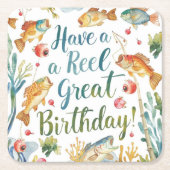 魚釣りラバーズ誕生日をテーマにした水彩 スクエアペーパーコースター (正面)