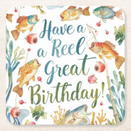 魚釣りラバーズ誕生日をテーマにした水彩 スクエアペーパーコースター