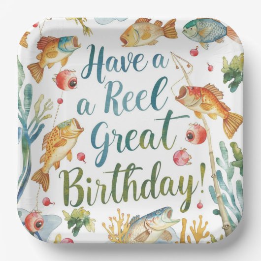 魚釣りラバーズ誕生日をテーマにした水彩 ペーパープレート (正面)