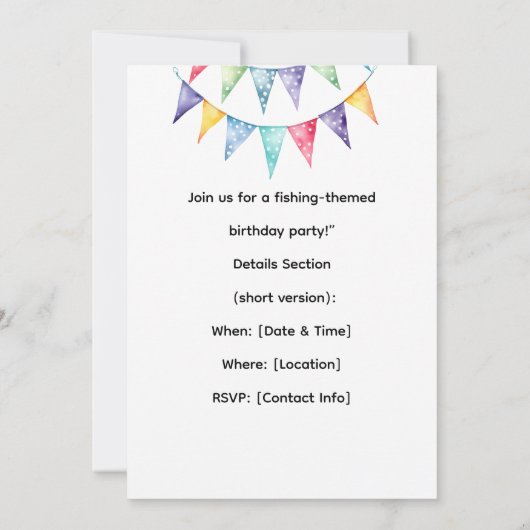 魚釣りリトルアングラーズパーティーの最初の誕生日 招待状 (裏面)