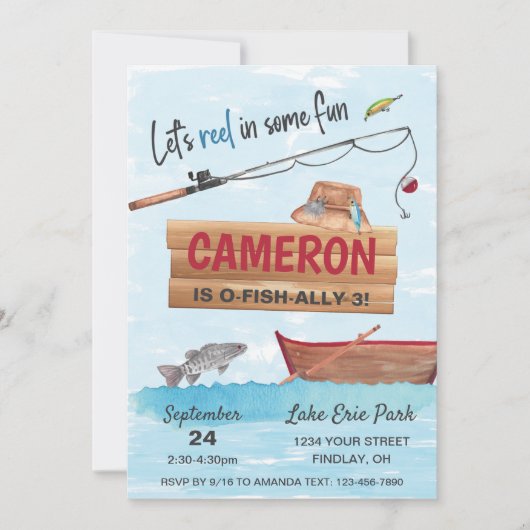 魚釣りリールいくつかのおもしろい、任意の年齢の誕生日パーティー 招待状 (正面)