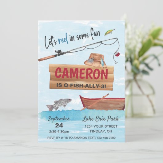 魚釣りリールいくつかのおもしろい、任意の年齢の誕生日パーティー 招待状 (スタンド正面)