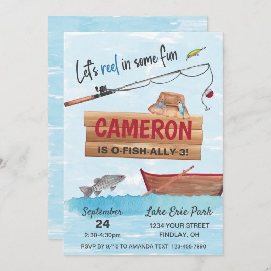 魚釣りリールいくつかのおもしろい、任意の年齢の誕生日パーティー 招待状 (正面/裏面)