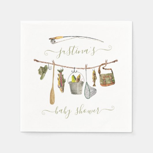 魚釣りリールのベビーシャワー物干し スタンダードカクテルナプキン (正面)