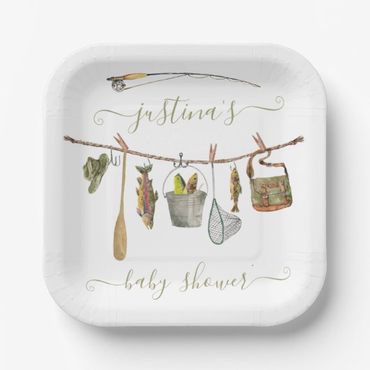 魚釣りリールのベビーシャワー物干し ペーパープレート (正面)