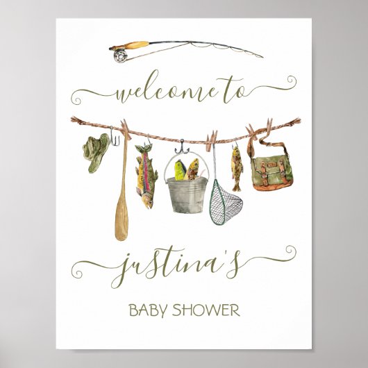 魚釣りリールのベビーシャワー物干し ポスター (正面)