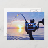 魚釣りリールを夕日に ポストカード (正面/裏面)