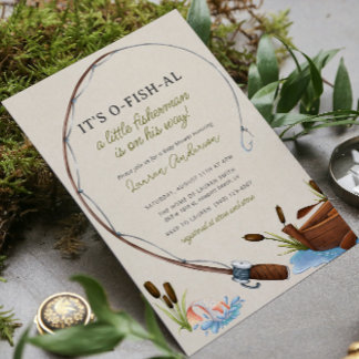 魚釣りリールウォーター色ボーイベビーシャワー 招待状