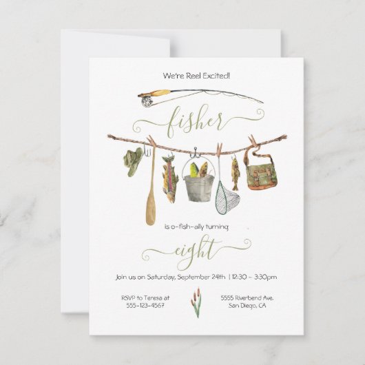 魚釣りリールバースデーパーティークローセライン招待状 招待状 (正面)