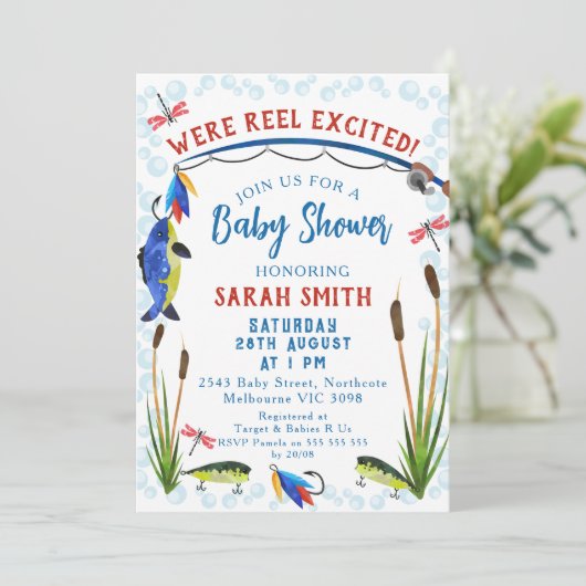 魚釣りリール励起ベビーシャワー招待状 招待状 (スタンド正面)