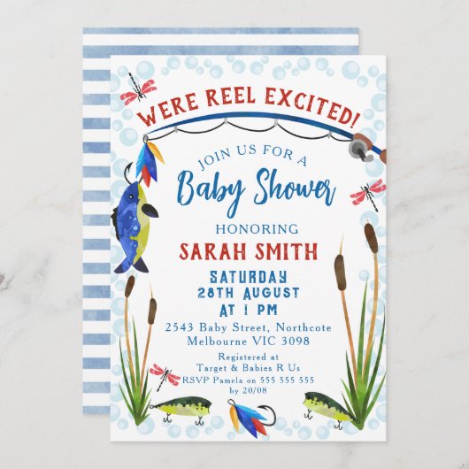 魚釣りリール励起ベビーシャワー招待状 招待状 (正面/裏面)