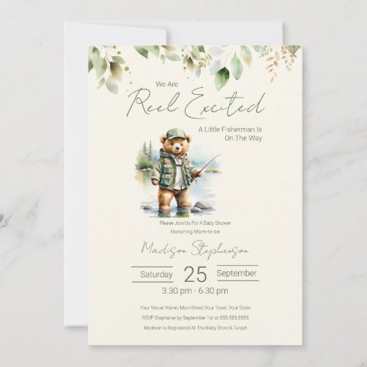 魚釣りリール励起ボーイベビーシャワー 招待状 (正面)
