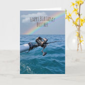 魚釣りリール及びレインボー誕生日カード カード (黄色い花)