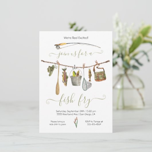 魚釣りリール魚揚げ物干し招待状 招待状 (スタンド正面)