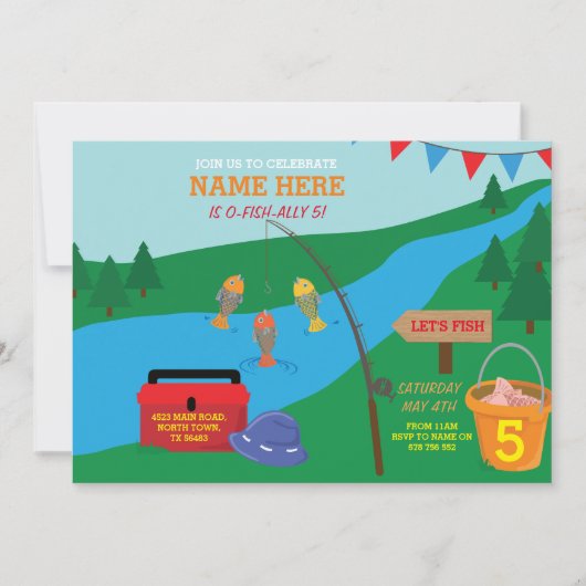 魚釣りレッツバースデーパーティーブルーフィッシュ招待状 招待状 (正面)