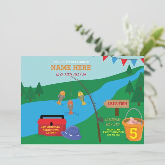 魚釣りレッツバースデーパーティーブルーフィッシュ招待状 招待状 (スタンド正面)