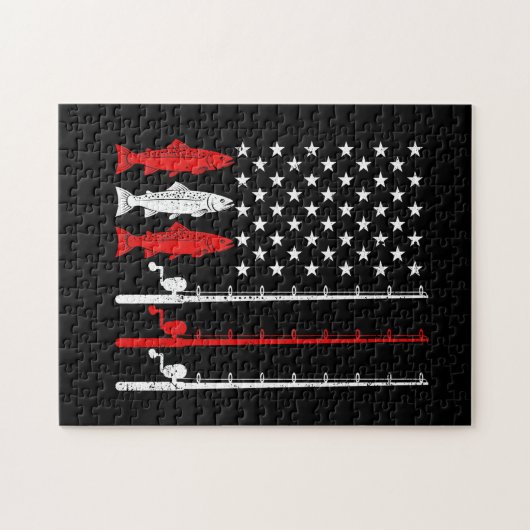 魚釣りロッドアメリカン州旗ヴィンテージ魚釣り ジグソーパズル (横)