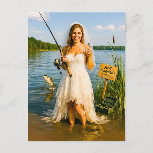 魚釣りロッド付き花嫁とフック付きレイクサイド シーズンポストカード (正面)