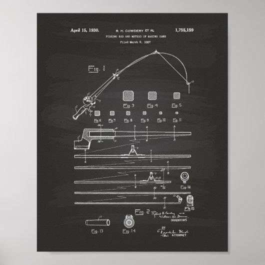 魚釣りロッド1930特許技術Chalkboard ポスター (正面)