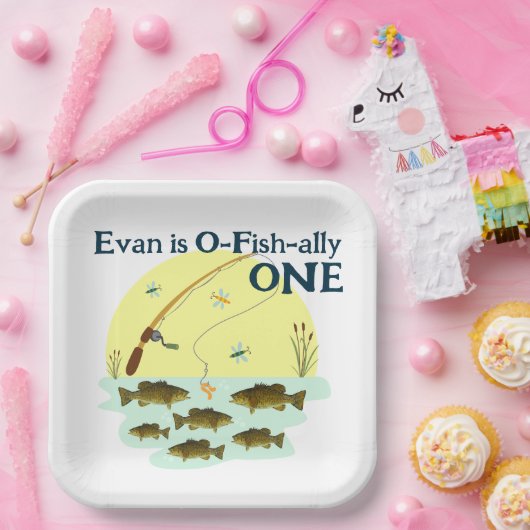 魚釣りワンキッズファースト誕生日スモールマウスベース ペーパープレート (パーティー)