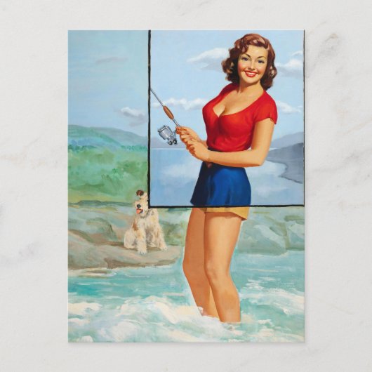 魚釣り付き犬ピンナップ ポストカード (正面)