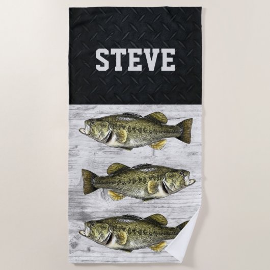 魚釣り名カッコいいラージマス低音魚名堅牢 ビーチタオル (正面)