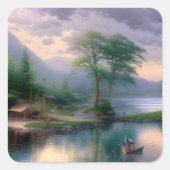 魚釣り図 スクエアシール (正面)