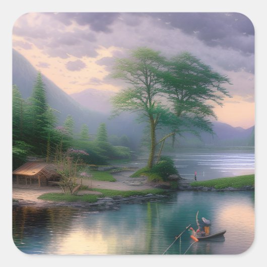 魚釣り図 スクエアシール (正面)