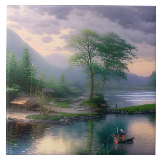 魚釣り図 タイル (正面)